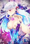  1girl blush breasts bug butterfly earrings fate/grand_order fate_(series) hair_ribbon insect jewelry kama_(fate/grand_order) large_breasts long_hair navel petals red_eyes ribbon silver_hair sweatdrop twitter_username yokaranu_yuuna 