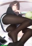  1girl absurdres ama_mitsuki artist_name ass black_legwear bright_pupils brown_eyes brown_hair cellphone food foreshortening fruit hand_to_own_mouth highres legwear_under_shorts long_hair looking_at_viewer lying melon melonbooks on_bed on_side pantyhose phone scan shorts sidelocks smartphone smile solo white_pupils 
