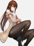  1girl arm_strap black_footwear black_legwear black_shorts blue_eyes boots breasts brown_hair collared_shirt crossed_arms eyebrows_visible_through_hair hair_between_eyes highres hinako_(anzu15) jacket lips long_hair long_sleeves looking_at_viewer makise_kurisu medium_breasts necktie off_shoulder pantyhose red_neckwear shiny shiny_clothes shirt short_shorts shorts simple_background solo steins;gate straight_hair white_background white_shirt 