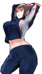  1girl alternate_costume arms_up bangs black_hair blunt_bangs breasts eye_(mememem) han_juri highres jacket large_breasts looking_at_viewer navel pants short_twintails solo standing stomach street_fighter street_fighter_v stretch taut_clothes toned track_jacket track_pants track_suit twintails violet_eyes 