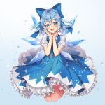  1girl :d artist_name bangs blue_background blue_bow blue_dress blue_eyes blue_hair blush bow cirno commentary dress eyebrows_visible_through_hair gradient gradient_background hair_between_eyes hair_bow hands_up head_tilt highres ice ice_wings looking_at_viewer milcona neck_ribbon open_mouth petticoat pinafore_dress puffy_short_sleeves puffy_sleeves red_neckwear red_ribbon ribbon shirt short_hair short_sleeves smile solo symbol_commentary touhou white_shirt wings 