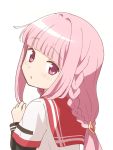  1girl :o bangs blush braid ddak5843 eyebrows_visible_through_hair hair_ornament long_hair long_sleeves looking_at_viewer looking_back magia_record:_mahou_shoujo_madoka_magica_gaiden mahou_shoujo_madoka_magica parted_lips pink_hair red_sailor_collar sailor_collar shirt short_over_long_sleeves short_sleeves simple_background solo tamaki_iroha upper_body violet_eyes white_background white_shirt 