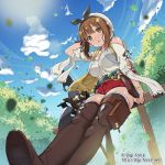  1girl :o atelier_(series) atelier_ryza belt blue_sky blush bracelet breasts brown_belt brown_eyes brown_gloves brown_hair brown_legwear clouds commentary_request day from_below gloves hair_ornament hairclip hat highres jewelry kimura_shigetaka looking_at_viewer outdoors red_shorts reisalin_stout short_hair short_shorts shorts sitting sky solo thigh-highs thighs watermark web_address white_headwear white_legwear 