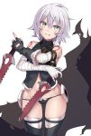  1girl ass_visible_through_thighs bandaged_arm bandaged_hand bandages dual_wielding facial_scar fate/apocrypha fate/grand_order fate_(series) fingerless_gloves gloves green_eyes grey_hair groin highres holding jack_the_ripper_(fate/apocrypha) knife orochi_itto scar scar_across_eye short_hair smile solo thigh-highs thighs white_background 