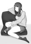  1girl full_body game_console greyscale handheld_game_console holding_handheld_game_console long_hair looking_at_viewer monochrome nintendo nintendo_switch original pleated_skirt satsuma_imou school_uniform sitting skirt solo sweater thighs uniform 