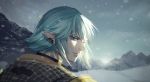  1boy aqua_eyes aqua_hair bangs blue_sky character_request closed_mouth dama_(sindygao) final_fantasy final_fantasy_xiv highres looking_at_viewer looking_back male_focus mountain nature outdoors pointy_ears short_hair sky snow snowing solo upper_body winter 