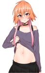  1girl bare_shoulders black_choker black_skirt blush breasts choker commentary_request idolmaster idolmaster_cinderella_girls lifted_by_self long_hair looking_at_viewer minakami multicolored_hair navel ninomiya_asuka orange_hair pink_hair simple_background skirt small_breasts solo sweater two-tone_hair violet_eyes white_background 
