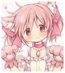  1girl :3 absurdres animal_ears blush bow cat_ears cat_paws choker collarbone commentary_request eyebrows_visible_through_hair hair_bow highres hitode kaname_madoka looking_at_viewer magical_girl mahou_shoujo_madoka_magica paw_pose paws pink_bow pink_choker pink_eyes pink_hair pink_theme short_sleeves simple_background smile solo soul_gem twitter_username upper_body watermark white_background 