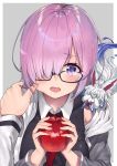  apple black-framed_eyewear black_dress blush chaldea_uniform cheek_pinching cheek_pull dress fate/grand_order fate_(series) food fou_(fate/grand_order) fruit fujimaru_ritsuka_(male) glasses grey_jacket hair_over_one_eye highres jacket jjeono mash_kyrielight necktie pinching purple_hair short_hair violet_eyes 