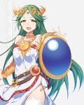  1girl armlet bangs belt breasts choker commentary_request cowboy_shot dress eyelashes gold_choker green_eyes green_hair grey_background hair_spread_out hand_up headdress highleg highres jewelry kid_icarus kid_icarus_uprising lace_background long_hair looking_at_viewer medium_breasts necklace open_mouth palutena parted_bangs ryon_(ryonhei) shadow shield sidelocks simple_background smug solo strapless strapless_dress thigh-highs very_long_hair white_dress 