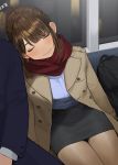  1girl bag bangs black_skirt blush brown_hair brown_legwear closed_eyes closed_mouth coat commentary_request earrings eyebrows_visible_through_hair highres jewelry long_sleeves open_clothes open_coat original pantyhose red_scarf scarf sitting skirt sleeping solo_focus train_interior yomu_(sgt_epper) zzz 