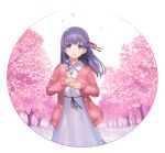  1girl bangs cherry_blossoms cherry_tree commentary_request dress eyebrows_visible_through_hair fate/stay_night fate_(series) hair_ribbon highres hirono_(hxze4434) jacket long_hair long_sleeves looking_at_viewer matou_sakura outdoors pink_jacket purple_hair ribbon solo violet_eyes white_dress 