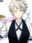  1boy ;| black_eyes black_vest copyright_name earrings food jewelry kerberos_blade l_(matador) looking_at_viewer male_focus plate shirt silver_hair simple_background taiyaki upper_body vest wagashi waiter white_shirt 