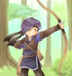  1boy arrow bag belt bow_(weapon) chibi fingerless_gloves gloves hairband leaf open_mouth purple_hair quiver rmn solo tree vestaria_saga weapon yellow_eyes 