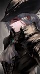  1girl absurdres bloodborne brooch commentary_request cravat densen_(itoguchi) grey_eyes hat high_collar highres jewelry lady_maria_of_the_astral_clocktower looking_at_viewer serious silver_hair solo the_old_hunters tricorne 