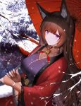  1girl absurdres amagi_(azur_lane) animal_ears azur_lane breasts bridal_gauntlets brown_hair collarbone eyeshadow fox_ears fox_girl haori higandgk highres holding holding_umbrella japanese_clothes kikumon kimono large_breasts long_hair long_sleeves looking_at_viewer makeup oriental_umbrella purple_kimono snowing solo tree_branch umbrella upper_body violet_eyes wide_sleeves winter 