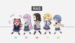 5girls :d ^_^ arm_up asahi_rokka bang_dream! bangs black_hair black_legwear blazer blonde_hair blue_eyes blue_hair blue_jacket blue_shirt blue_skirt bow bowtie cat_ear_headphones chibi clenched_hand closed_eyes clothes_around_waist collared_shirt emphasis_lines from_side glasses green_neckwear grey_background grey_jacket group_name hair_ornament hair_scrunchie hand_on_hip headphones hood hood_down hooded_jacket jacket jacket_around_waist kneehighs long_hair long_sleeves mizuya multicolored_hair multiple_girls necktie no_bangs nyubara_reona open_mouth paw_print pink_hair plaid plaid_skirt pleated_skirt ponytail raise_a_suilen red_scrunchie redhead satou_masuki scrunchie shirt short_hair sidelocks skirt sleeves_pushed_up smile striped striped_neckwear sweater sweater_vest tamade_chiyu twintails two-tone_hair unmoving_pattern wakana_rei walking yellow_eyes yellow_sweater