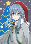 1girl alternate_costume blue_hair cape eyebrows gotland_(kantai_collection) grey_cape grey_jacket hair_bun hat highres jacket kantai_collection long_hair looking_at_viewer mmt_uf mole mole_under_eye santa_hat smile solo upper_body 