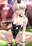  1girl animal_ears artoria_pendragon_(all) bangs bare_shoulders black_leotard blonde_hair blush bottle braid breasts bunnysuit closed_mouth cocktail_glass collarbone covered_navel cup detached_collar drinking_glass fate/stay_night fate_(series) fishnet_legwear fishnets french_braid hair_between_eyes kesoshirou leotard long_hair looking_at_viewer rabbit_ears saber_alter sidelocks small_breasts solo squatting thighs tray wrist_cuffs yellow_eyes 