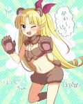  1girl ;d animal_ears bandeau bangs bare_shoulders bear_ears bear_girl bear_tail blonde_hair blue_eyes blush brown_gloves brown_shorts busou_shoujo_machiavellism crop_top gloves hair_ribbon hanasaka_warabi long_hair nakamura_hinato navel one_eye_closed open_mouth parted_bangs paw_gloves paws polka_dot polka_dot_background pom_pom_(clothes) ponytail red_ribbon ribbon short_shorts shorts smile solo standing standing_on_one_leg star strapless sunburst sunburst_background tail translated upper_teeth v-shaped_eyebrows very_long_hair 