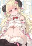  1girl absurdres blonde_hair blush breasts commentary_request detached_sleeves hair_ornament hairclip highres hololive horns looking_at_viewer sheep sheep_horns sitting smile solo tonari_no_kai_keruberosu violet_eyes virtual_youtuber wool 