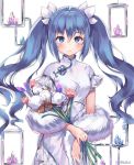  1girl blue_eyes blue_hair blush china_dress chinese_clothes crystal dress eyebrows_visible_through_hair flower hair_between_eyes hatsune_miku highres light_smile long_hair looking_at_viewer sidelocks solo standing twintails user_ykar2487 vocaloid white_background white_dress 