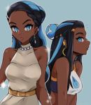  1girl blue_background blue_eyes blue_hair breasts dark_blue_hair dark_skin dress earrings from_side gold_earrings highres jewelry long_hair midriff multicolored_hair necklace pearl_necklace pokemon pokemon_(game) pokemon_swsh rurina_(pokemon) the_kingduke tongue tongue_out two-tone_hair upper_body white_dress 