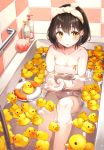  1girl :o bath bathing bathtub black_hair cupping_hands highres innertube lotion_bottle naked_towel orange_eyes original partially_submerged ran9u rubber_duck solo towel 