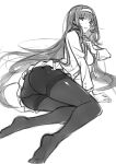  1girl arm_support bangs black_legwear breasts eyebrows_visible_through_hair greyscale hairband highres long_hair long_sleeves monochrome pantyhose parted_lips saenai_heroine_no_sodatekata school_uniform simple_background skirt solo white_background zhuxiao517 