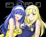  2girls ahoge arm_around_shoulder blonde_hair blue_dress blue_eyes blue_hair blush breasts chaesu dress english_text grey_eyes hairband highres huge_ahoge impossible_clothes impossible_dress medium_breasts multiple_girls open_mouth orie_(under_night_in-birth) smile thanatos_(under_night_in-birth) under_night_in-birth white_hairband yellow_dress 