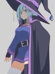  1girl aqua_(konosuba) aqua_eyes aqua_hair bandaged_leg bandages belt black_gloves black_headwear black_legwear breasts cloak cosplay dress fingerless_gloves gloves grey_background hat kono_subarashii_sekai_ni_shukufuku_wo! long_hair looking_at_viewer medium_breasts megumin megumin_(cosplay) salpin short_dress simple_background single_thighhigh smile smirk solo sparkle straight_hair thigh-highs witch_hat zettai_ryouiki 