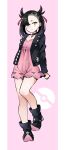  bangs bare_legs black_choker black_footwear black_hair black_jacket blush boots choker commentary_request dress earrings full_body green_eyes hair_between_eyes hair_ribbon highres jacket jewelry long_sleeves looking_at_viewer mary_(pokemon) miyama_123 open_clothes open_jacket pink_background pink_dress pink_ribbon pointy_hair pokemon pokemon_(game) pokemon_swsh ribbon short_dress short_hair simple_background standing stud_earrings thighs twintails 