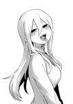  1girl bangs blazer blush breasts candy collared_shirt food greyscale grin hair_between_eyes highres jacket large_breasts long_hair looking_at_viewer monochrome open_mouth original school_uniform sharp_teeth shiromanta shirt sidelocks slit_pupils smile solo teeth tongue tongue_out 