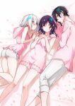  3girls aqua_eyes black_hair clenched_hand closed_eyes crossed_arms diamond_hair_ornament earrings hair_ornament heart heart_hair_ornament hood hood_down jewelry long_sleeves lying multiple_girls nijisanji on_back on_bed on_side pajamas pants petals pink_pajamas short_hair silver_hair virtual_youtuber white_background white_pants yodare_(3yami8) 