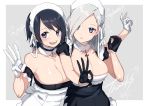  2girls absurdres black_gloves black_hair black_ribbon blue_eyes breasts curly_hair gloves headband high_heels highres large_breasts maid maid_dress mashiro_(rikuya) monochrome_background multiple_girls open_mouth original ribbon short_hair siblings smile thighs twins white_gloves white_hair white_ribbon 