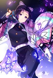  1girl absurdres animal bangs belt belt_buckle black_jacket black_pants blush breasts buckle bug butterfly butterfly_hair_ornament closed_mouth commentary_request forehead goroo_(eneosu) hair_ornament hand_up highres holding holding_sword holding_weapon insect jacket japanese_clothes katana kimetsu_no_yaiba kochou_shinobu long_sleeves medium_breasts open_clothes pants parted_bangs purple_hair sidelocks smile solo sword violet_eyes weapon white_belt wide_sleeves 