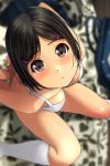  1girl absurdres arms_behind_back bare_arms bare_shoulders black_hair blurry blurry_background blush bra breasts brown_eyes depth_of_field from_above hair_ornament hairclip highres kneehighs looking_at_viewer looking_up matsunaga_kouyou medium_breasts nose_blush original parted_lips solo underwear underwear_only white_bra white_legwear 