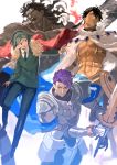  4boys armor arondightt berserker black_hair bob_(biyonbiyon) cape dark_skin dark_skinned_male fate/grand_order fate/prototype fate/prototype:_fragments_of_blue_and_silver fate/stay_night fate/zero fate_(series) fur_collar green_hair highres lancelot_(fate/grand_order) male_focus multiple_boys ozymandias_(fate) purple_hair shirtless waver_velvet 