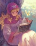  1girl blonde_hair book breasts bug butterfly closed_mouth commentary_request dragon_quest dragon_quest_ii dress hood insect long_hair princess_of_moonbrook robe smile solo yuza 
