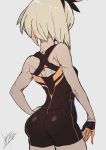  1girl absurdres ass black_ribbon blonde_hair bodysuit from_behind gym_leader hair_ribbon hand_on_hip highres mashiro_(rikuya) pokemon pokemon_(game) pokemon_swsh ribbon saitou_(pokemon) signature sketch solo white_background 