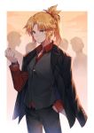  1girl alternate_costume aqua_eyes bangs black_jacket black_pants black_vest blonde_hair border braid closed_mouth collared_shirt cowboy_shot fate/grand_order fate_(series) formal hand_in_pocket highres jacket jacket_on_shoulders long_sleeves mordred_(fate) mordred_(fate)_(all) open_clothes open_jacket outside_border pant_suit pants parted_bangs red_shirt shirt short_hair short_ponytail sidelocks silhouette solo_focus suit v-shaped_eyebrows vest watch watch white_border yorukun 