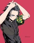  1boy adjusting_hair arms_up black_hair blue_eyes buttons clonion closed_mouth dress_shirt hands_on_head highres jewelry kimetsu_no_yaiba multicolored_shirt red_background ring shirt short_sleeves spiky_hair tomioka_giyuu 