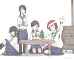  4girls :d bangs black_eyes black_hair black_legwear blue_skirt blunt_bangs box brown_eyes brown_hair christmas_tree eating eyebrows_visible_through_hair food fubuki_(kantai_collection) gift gift_box green_sailor_collar hat hatsuyuki_(kantai_collection) hime_cut holding holding_food holding_tray kantai_collection kettle kneehighs kusakasima long_sleeves looking_at_viewer low_ponytail low_twintails miyuki_(kantai_collection) multiple_girls neckerchief open_mouth oreo parted_bangs pleated_skirt sailor_collar santa_hat school_uniform serafuku shirayuki_(kantai_collection) short_ponytail short_twintails sidelocks simple_background sitting skirt smile stove tray twintails white_background 