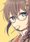  1girl blue_eyes blush braid brown_hair candy food glasses hair_ornament kantai_collection looking_at_viewer necktie shigure_(kantai_collection) single_braid solo yukichi_(eikichi) 