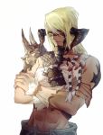  1boy abs asymmetrical_bangs au_ra bangs bare_shoulders blonde_hair character_request closed_mouth collarbone dama_(sindygao) final_fantasy final_fantasy_xiv hand_on_own_arm heterochromia highres horns long_hair looking_at_viewer male_focus midriff muscle red_eyes simple_background smile solo standing upper_body white_background wristband yellow_eyes 