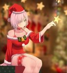  1girl absurdres bangs bare_shoulders bell blush bow breasts collarbone commentary_request eyebrows_visible_through_hair fate/grand_order fate_(series) green_bow hair_over_one_eye hat highres large_breasts lavender_hair mash_kyrielight purple_hair red_bow sang4521 santa_costume santa_dress santa_hat short_hair sitting smile solo star violet_eyes 