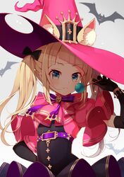  1girl animal_ears bangs bat black_dress black_gloves blunt_bangs bow bowtie bracelet candy dress elbow_gloves eyebrows_visible_through_hair food gloves halloween hat hat_belt highres jewelry lollipop long_hair looking_at_viewer original pink_headwear purple_belt sakura_(superbunnys) shrug_(clothing) solo twintails witch_hat 