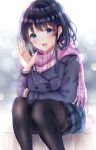  1girl :d ai_(sigatutoukaa) black_coat black_legwear blue_eyes blue_skirt blush hand_up long_sleeves looking_at_viewer open_mouth original outdoors pantyhose pink_scarf plaid plaid_scarf plaid_skirt scarf sitting skirt smile solo thighband_pantyhose 