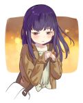  1girl bag blush brown_jacket handbag hands_together hands_up high_score_girl jacket long_hair okishiji_en oono_akira purple_hair shirt simple_background solo upper_body violet_eyes white_shirt 