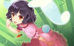  1girl :p akanbe animal_ears artist_request bamboo bamboo_forest bangs black_hair brown_eyes bunny_tail carrot_necklace cowboy_shot dress eyebrows_visible_through_hair forest hand_up inaba_tewi looking_at_viewer nature outdoors pink_dress puffy_short_sleeves puffy_sleeves rabbit_ears short_hair short_sleeves smile solo standing tail tongue tongue_out touhou touhou_cannonball 
